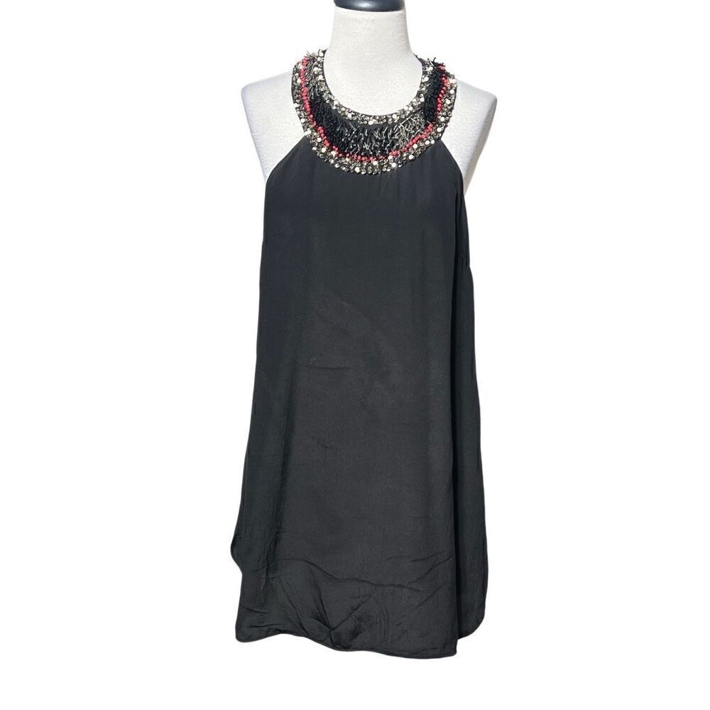 French Connection Sleeveless Silk Little Black Dress Embellished Collar Size 8